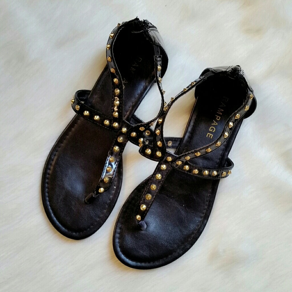 Rampage Gladiator Black Gold Studded Sandal Flats